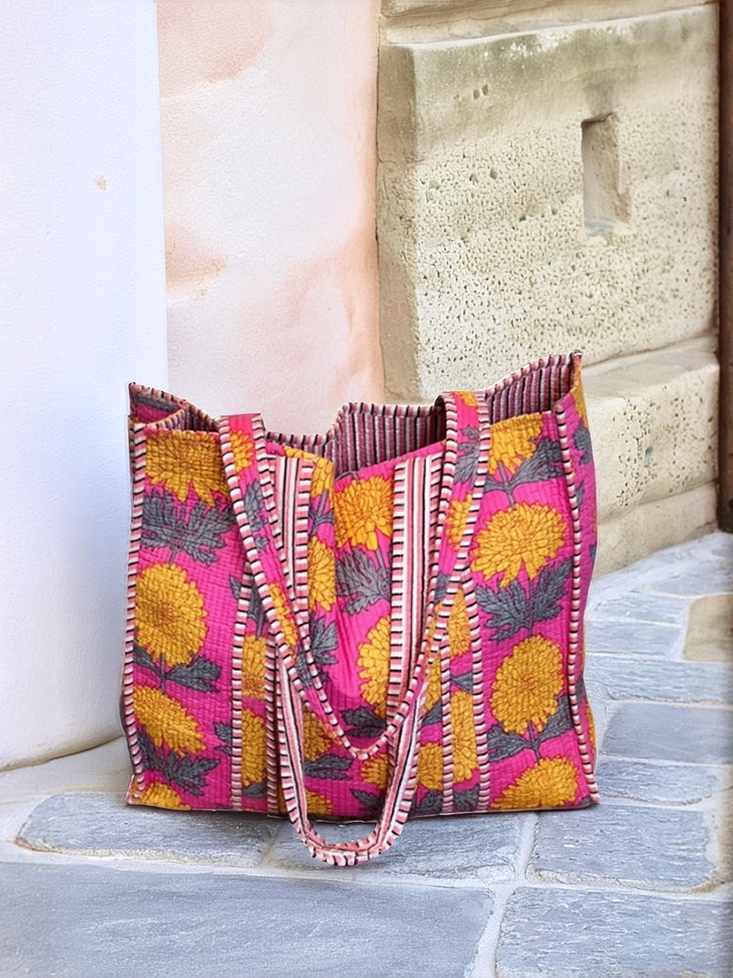 Pink with yellow chrysanthemum tote