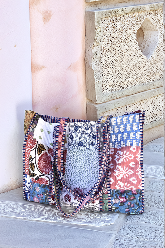 Patchwork blue and pink tote