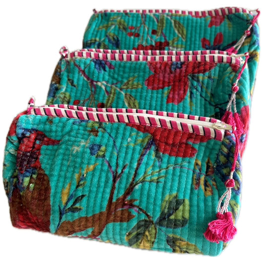 Velvet Turquoise Cosmetic Bags with Bird